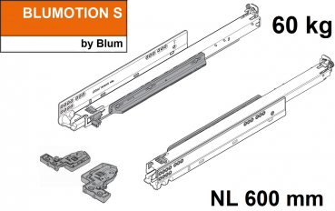 MOVENTO mit BLUMOTION S, Vollauszug für Holzschubkasten, 60 kg, NL=600mm, mit Kupplungen, für TIP-ON-Blumotion, 766H6000S