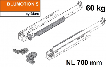 MOVENTO mit BLUMOTION S, Vollauszug für Holzschubkasten, 60 kg, NL=700mm, mit Kupplungen, für TIP-ON-Blumotion, 766H7000S