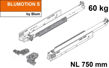 MOVENTO mit BLUMOTION S, Vollauszug für Holzschubkasten, 60 kg, NL=750mm, mit Kupplungen, für TIP-ON-Blumotion, 766H7500S