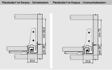 TANDEMBOX TIP-ON Blumotion Korpusschiene Vollauszug, 30 kg, NL= 270mm, li/re