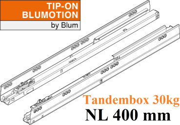 TANDEMBOX TIP-ON Blumotion Korpusschiene Vollauszug, 30 kg, NL= 400mm, li/re