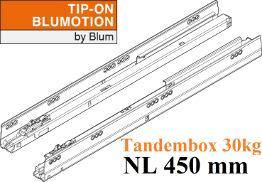 TANDEMBOX TIP-ON Blumotion Korpusschiene Vollauszug, 30 kg, NL= 450mm, li/re