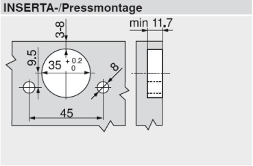 CLIP top Weitwinkelscharnier 155°, Eckanschlag, ohne Feder, Topf: INSERTA, 70T7590.TL