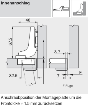 CLIP top Profiltürscharnier 95°, 18mm gekröpft, ohne Feder, Topf: Schrauben