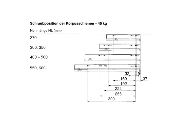 LEGRABOX Korpusschiene mit TIP-ON, Vollauszug, 40 kg, NL=550  mm, mit Kupplung, li/re