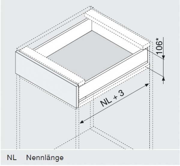 Schubkasten-Bausatz, Legrabox, Zargenhöhe 90 mm, Systemhöhe M, mit Korpusschiene 40/70 kg Tip-On