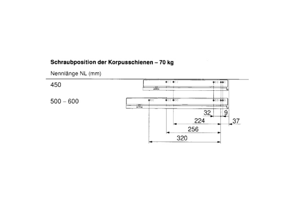 LEGRABOX Korpusschiene mit TIP-ON, Vollauszug, 70 kg, NL=500 mm, mit Kupplung, li/re