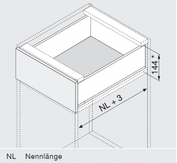 Schubkasten-Bausatz, Legrabox, Zargenhöhe 128 mm, Systemhöhe K, mit Korpusschiene 40/70 kg Blumotion