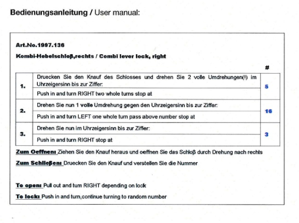 Code-Hebelzylinder 22mm, verchromt/schwarz, mit Mutternbefestigung, inkl. Hebel gerade u. gekröpft