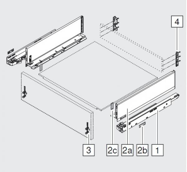 Schubkasten-Bausatz, Legrabox, Zargenhöhe 128 mm, Systemhöhe K, mit Korpusschiene 40/70 kg für Tip-On-Blumotion