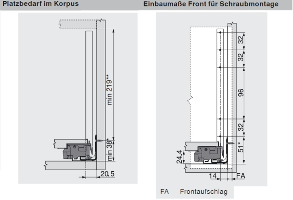 Schubkasten-Bausatz, Legrabox, Zargenhöhe 239 mm, Systemhöhe F, mit Korpusschiene 40/70 kg Blumotion