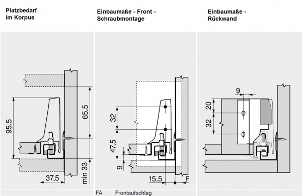 Frontauszug Schubkasten-Bausatz, Tandembox Antaro, Zargenhöhe 83 mm, Systemhöhe M, mit Korpusschiene 30/65 kg Blumotion