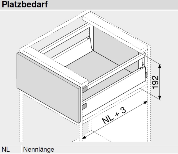 Schubkasten-Bausatz, Tandembox Antaro, Systemhöhe C 192mm mit Reling, mit Korpusschiene 30/65 kg Blumotion