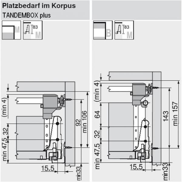 TANDEMBOX Seitenstabilisierung - nach oben gebaut, NL=450-650mm, Vollauszug, Schubkasten/Frontauszug 