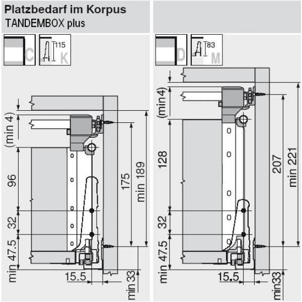 TANDEMBOX Seitenstabilisierung - nach oben gebaut, NL=450-650mm, Vollauszug, Schubkasten/Frontauszug 