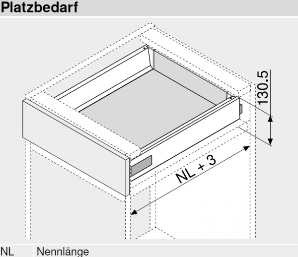 Frontauszug Schubkasten-Bausatz, Tandembox Antaro, Zargenhöhe 115 mm, Systemhöhe K, mit Korpusschiene 30/65 kg Blumotion