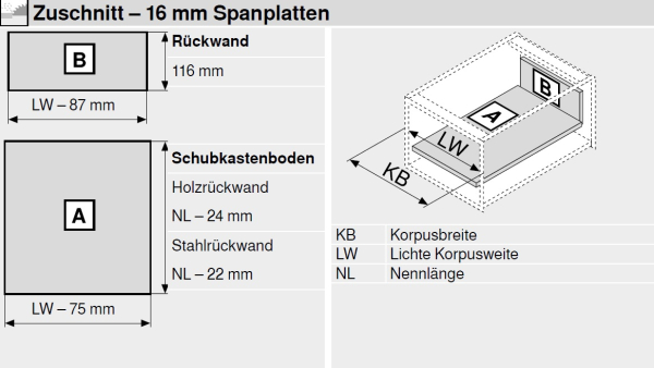 Frontauszug Schubkasten-Bausatz, Tandembox Antaro, Zargenhöhe 115 mm, Systemhöhe K, mit Korpusschiene 30/65 kg Blumotion