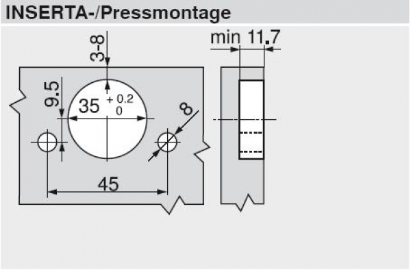 CLIP top BLUMOTION Weitwinkelscharnier für 0-Einsprung 155°, Mittelanschlag mit Feder Inserta, 71B7690