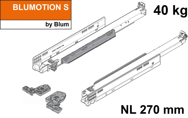 MOVENTO mit BLUMOTION S, Vollauszug für Holzschubkasten, 40 kg, NL=270mm, mit Kupplungen, für TIP-ON-Blumotion, 760H2700S