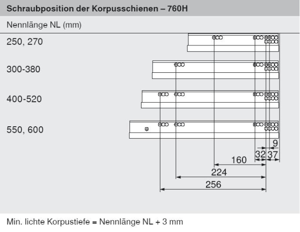 MOVENTO mit BLUMOTION S, Vollauszug für Holzschubkasten, 40 kg, NL=550mm, mit Kupplungen, für TIP-ON-Blumotion, 760H5500S