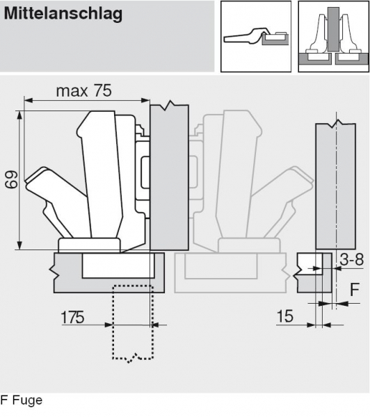 CLIP top Weitwinkelscharnier 170°, 9,5 mm gekröpft, ohne Feder, Topf: Schrauben