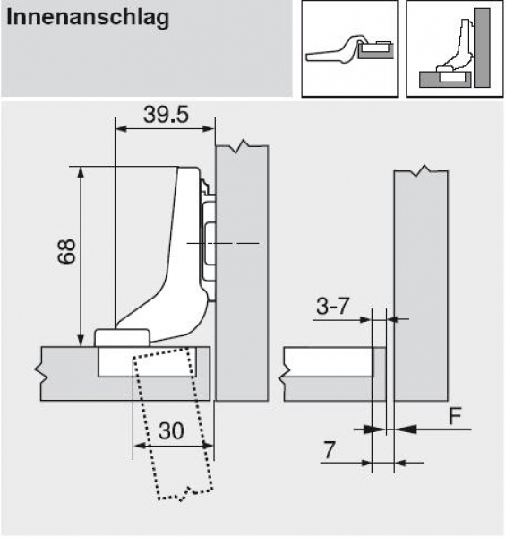 CLIP top BLUMOTION Standardscharnier 110°, hochgekröpft, mit Feder, Topf: INSERTA