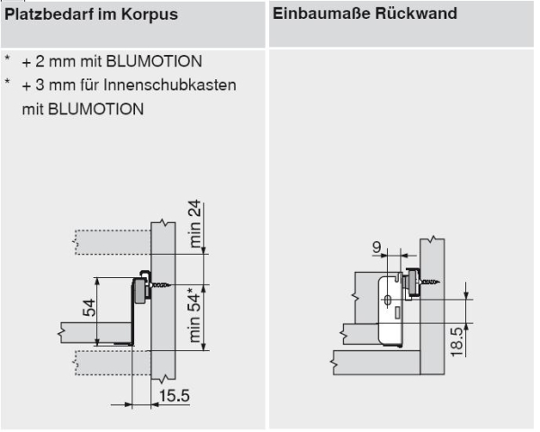 blum METABOX Stahlzarge N = 54 mm, Teilauszug, 25 kg, NL=270 mm, Schraubversion