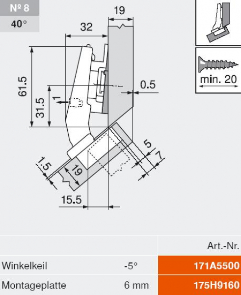 CLIP top BLUMOTION Winkelscharnier 45° III, max. aufschl., Topf: INSERTA