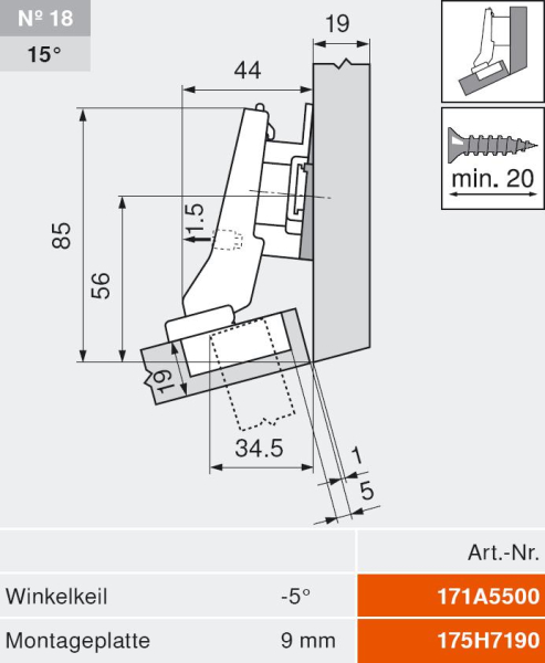 CLIP top BLUMOTION Winkelscharnier 20° II, aufschlagend, Topf: INSERTA