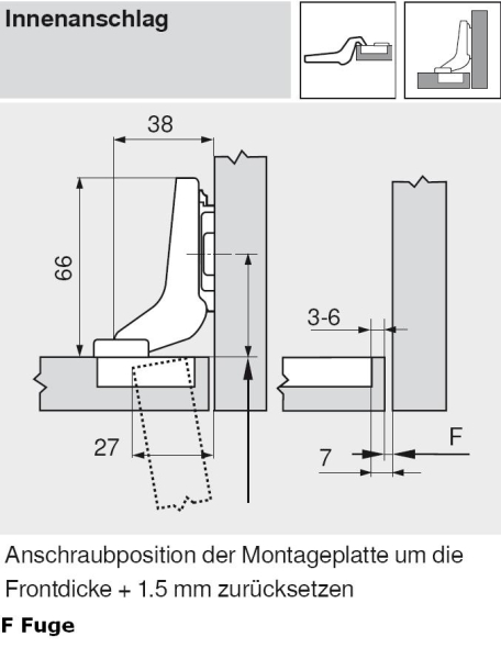 CLIP top Standardscharnier 100°, hochgekröpft, mit Feder, Topf: INSERTA