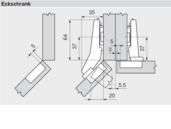 CLIP top Winkelscharnier +45° I, halbaufschlagend, ohne Feder, Topf: Schrauben