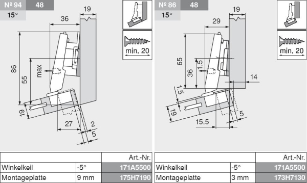 CLIP top Mini-Winkelscharnier 20° II, aufschlagend, mit Feder, Topf: Schrauben