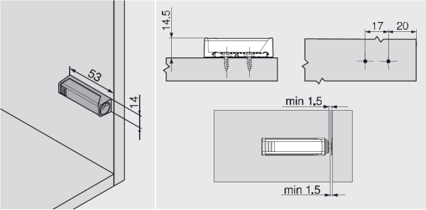 TIP-ON für Türen, Adapterplatte Kurzversion gerade, zum Schrauben (20/17mm) platingrau