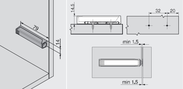 TIP ON für Türen:Adapterplatte gerade, zum Anschrauben, Langversion (20/32mm) schwarz