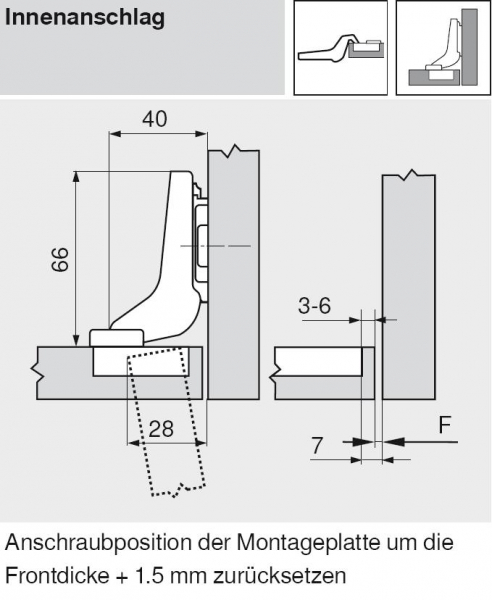 CLIP top Standardscharnier 107°, hochgekröpft, ohne Feder, Topf: INSERTA