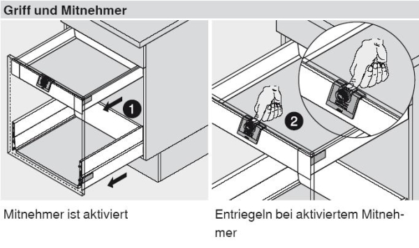 TANDEMBOX antaro Griff + Mitnehmer für Innenschubkasten, seidenweiß oder weißgrau