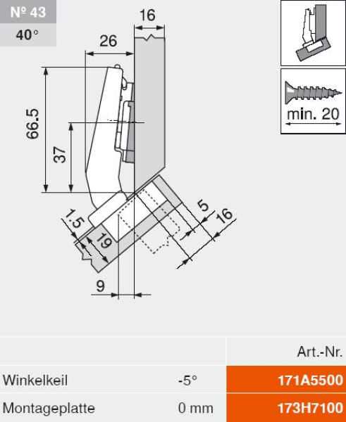 CLIP top BLUMOTION Winkelscharnier 45° III, max. aufschl., Topf: Schrauben