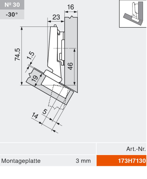 CLIP top BLUMOTION Winkelscharnier -30° III, max. aufschl., Topf: INSERTA