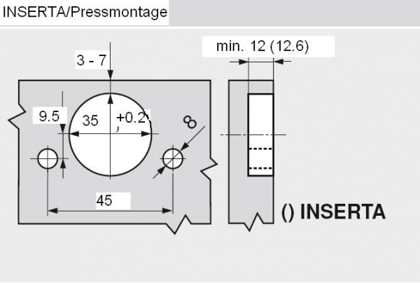 CLIP top Profiltürscharnier 95°, 9,5mm gekröpft, mit Feder, Topf: INSERTA