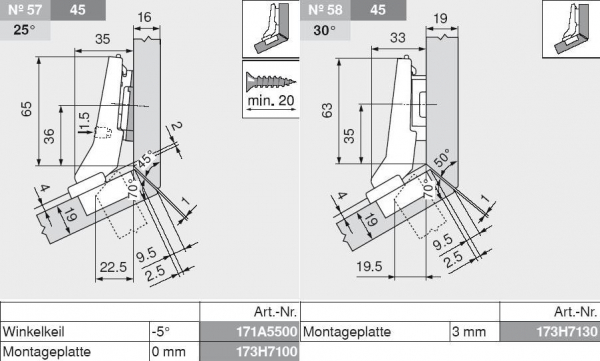 CLIP top Winkelscharnier +30° II, aufschlagend, ohne Feder, Topf: Schrauben