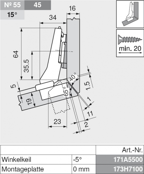 CLIP top Winkelscharnier +20° II, aufschlagend, ohne Feder, Topf: Schrauben