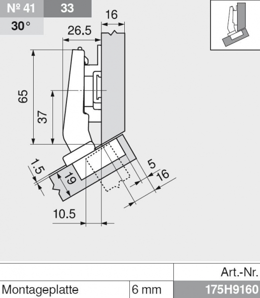 CLIP top Winkelscharnier +30° III, max. aufschlagend, ohne Feder, Topf: Schrauben