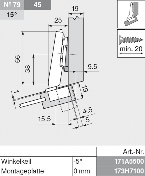 CLIP top Mini-Winkelscharnier 20° II, aufschlagend, mit Feder, Topf: Schrauben