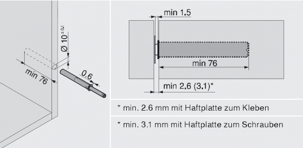 TIP-ON für Türen Langversion, ab Höhe 130cm, inkl. Haftplatten, Auslöseweg 1,5mm, carbonschwarz