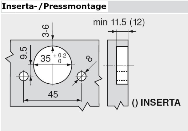 CLIP top Standardscharnier 107°, hochgekröpft, ohne Feder, Topf: INSERTA