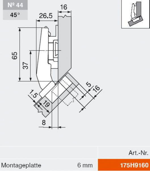 CLIP top BLUMOTION Winkelscharnier 45° III, max. aufschl., Topf: INSERTA