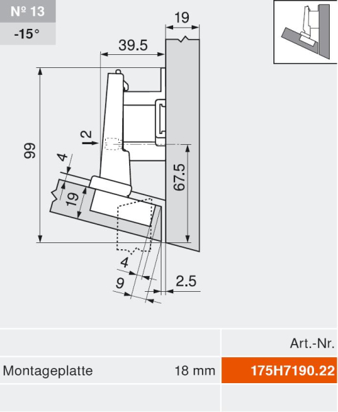 CLIP top BLUMOTION Winkelscharnier -15° III, max. aufschl., Topf: INSERTA