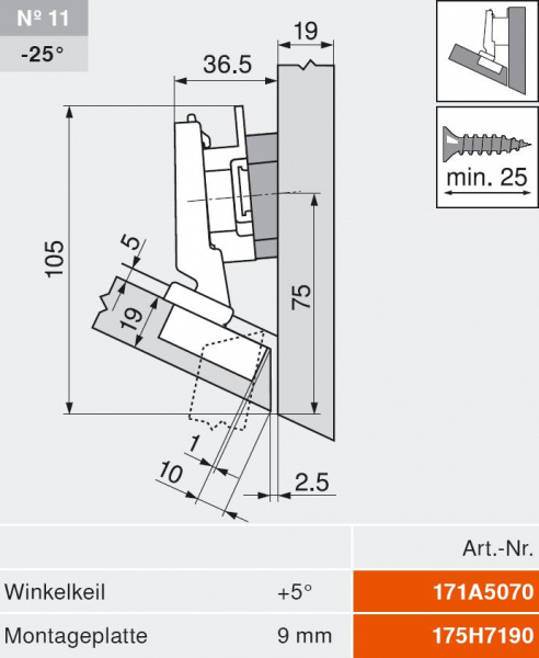 CLIP top BLUMOTION Winkelscharnier -30° III, max. aufschl., Topf: Schrauben