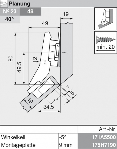 CLIP top Winkelscharnier +45° I, halbaufschlagend, ohne Feder, Topf: Schrauben