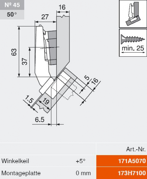 CLIP top BLUMOTION Winkelscharnier 45° III, max. aufschl., Topf: INSERTA